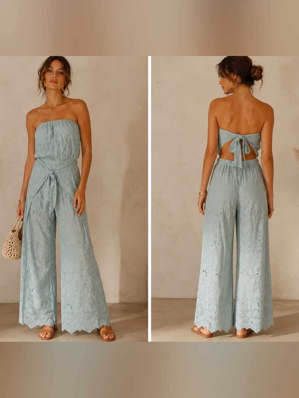 Young Fabulous & Broke Surf Blue Eyelet Lace Wideleg Jumpsuit | Sz Small | NWOT